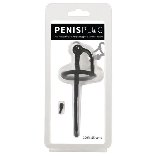 Penisplug - szilikon húgycsőtágító makkgyűrűvel (0,6mm) - fekete