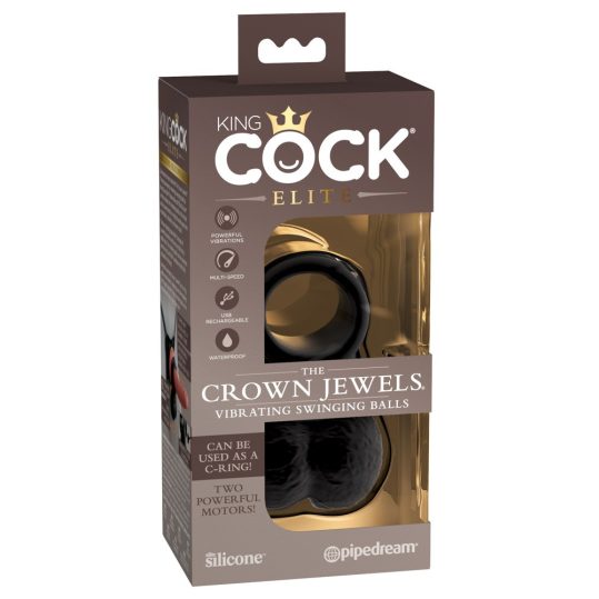 King Cock Elite Crown Jewels - lengőhere, rezgő péniszgyűrű (fekete)