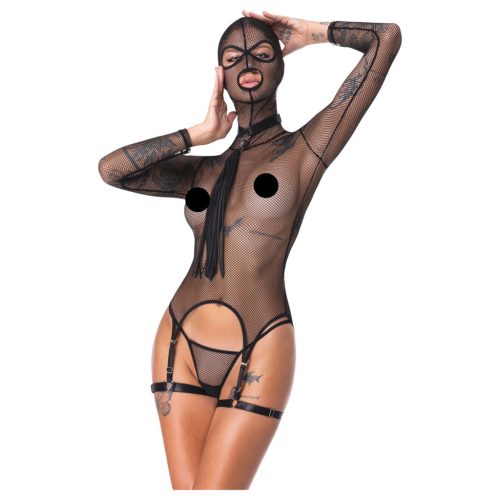 Bad Kitty - BDSM áttetsző necc szett korbáccsal (fekete)