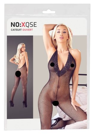 NO:XQSE - csipkés, nyakpántos, nyitott necc overall (fekete)