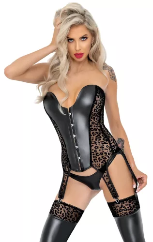 Noir - leopárd mintás, harisnyatartós felső (fekete)