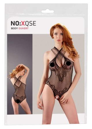 NO:XQSE  - Indás-virágos nyakpántos, necc body (fekete)