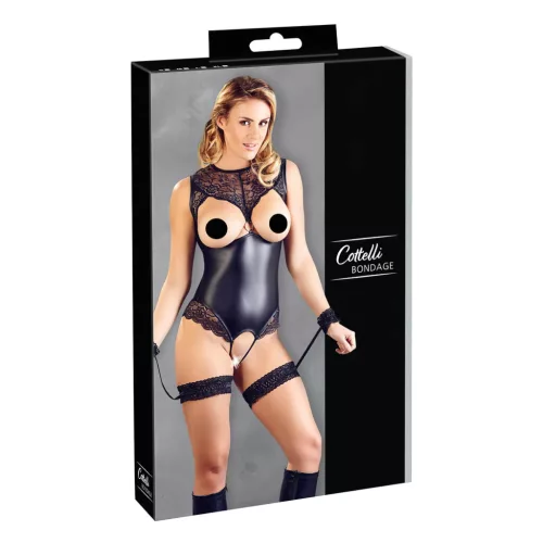 Cottelli Bondage - fényes nyitott body és kar bilincs (fekete)
