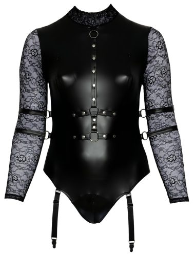 / Cottelli Bondage Plus Size - csipkésujjú body (fekete)
