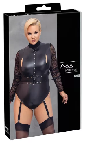 / Cottelli Bondage Plus Size - csipkésujjú body (fekete)