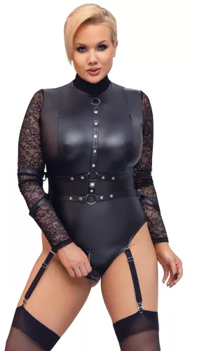 / Cottelli Bondage Plus Size - csipkésujjú body (fekete)