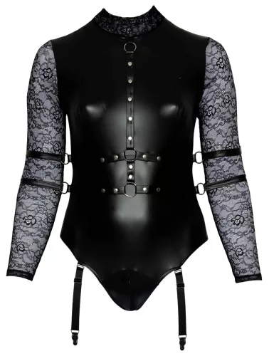 / Cottelli Bondage Plus Size - csipkésujjú body (fekete)