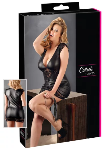 Cottelli Plus Size - fényes ruha csipkével (fekete)
