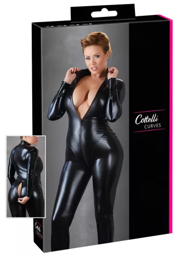 Cottelli Plus Size - fényes hosszúujjú party overál (fekete)