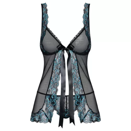 Obsessive Amanta - hímzett babydoll és tanga (fekete-türkiz)
