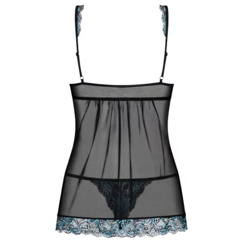 Obsessive Amanta - hímzett babydoll és tanga (fekete-türkiz)