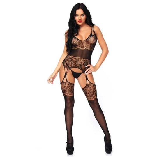 Strappy Rose Bodystocking Black O/S