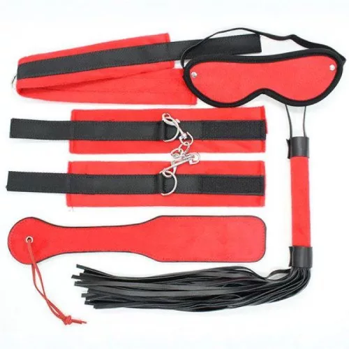 Toys4Lovers BDSM szett kötöző, bilincs, paskoló fekete-piros