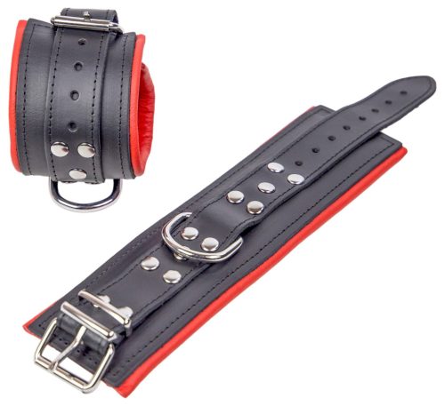 Párnázott bőr csuklókötöző – fekete-piros színben