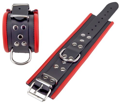 Bőr csuklókötöző - fekete-piros prémium minőségben