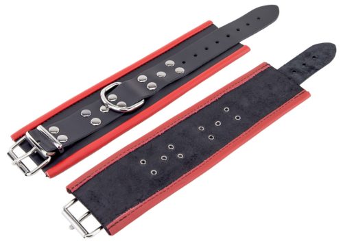 Bőr csuklókötöző - fekete-piros prémium minőségben