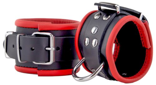 Bőr csuklókötöző - fekete-piros prémium minőségben