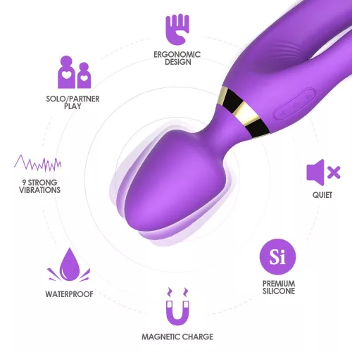 Magic Wand Vibrátor kettős stimuláció, 9 fokozat, USB-töltés, vízálló 23,6 cm lila