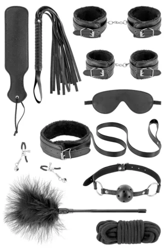 Fetish Tentation Bondage szett 10 darabos vegán bőr, kötöző, lánc, maszk, bíró, packa, piros-fekete