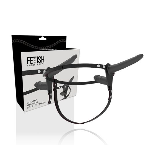 Fetish – dupla behatolású fekete vibrátor harnesszel