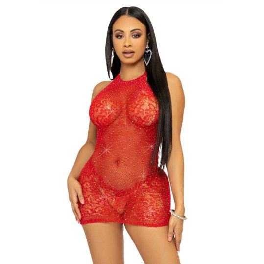 LEG AVENUE – strasszos mini ruha, piros, egy méret