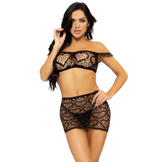LEG AVENUE – szett: csipkés top, mini szoknya és tanga, fekete