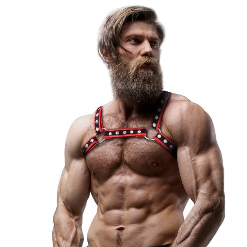 Fetish Submissive – Eco-bőr bulldog hám fekete/piros férfiaknak