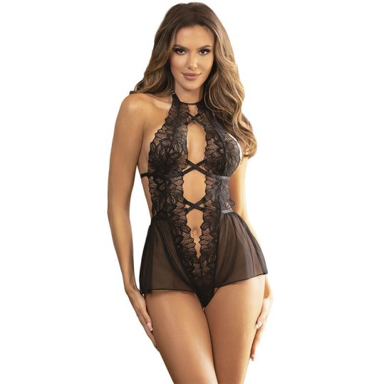 SUBBLIME - érzéki csipkés fekete body L/XL
