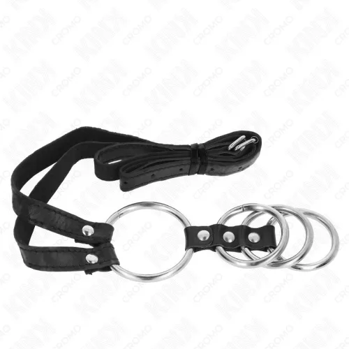 KINK - 4 összekapcsolt fém péniszgyűrű bőr övvel