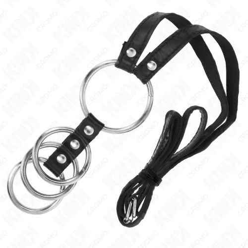 KINK - 4 összekapcsolt fém péniszgyűrű bőr övvel