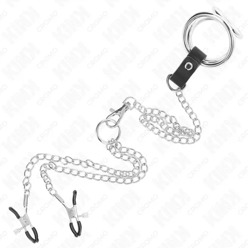 KINK – prémium fémből készült péniszgyűrű lánccal és csipeszekkel