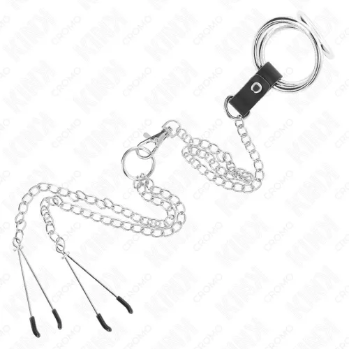 KINK – fém péniszgyűrű lánccal és mellbimbó csipeszekkel