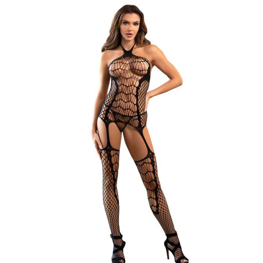 SUBBLIME – érzéki halter nyakú, harisnyás bodystocking fekete