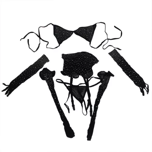 SUBBLIME - fekete halhálós bodystocking kesztyűvel és gyémántokkal