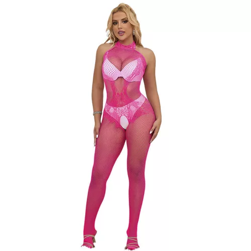 SUBBLIME - csipkés, nyitott bodystocking, magas nyakú, rózsaszín