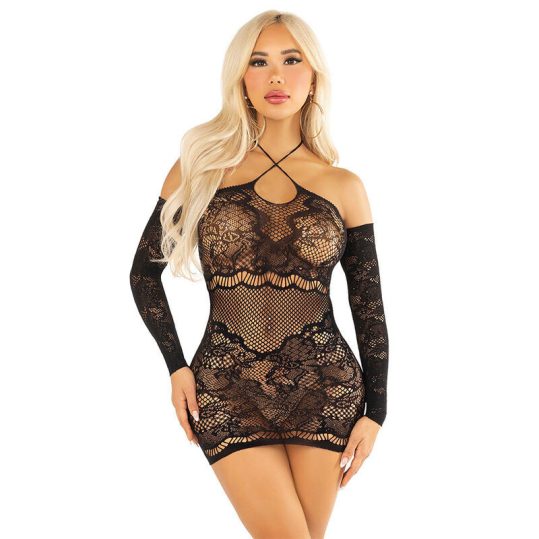 LEG AVENUE - érzéki, fekete, off-shoulder hálós miniruha