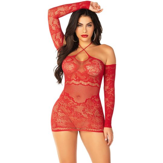 LEG AVENUE – érzéki hosszúujjú hálós mini ruha vörösben