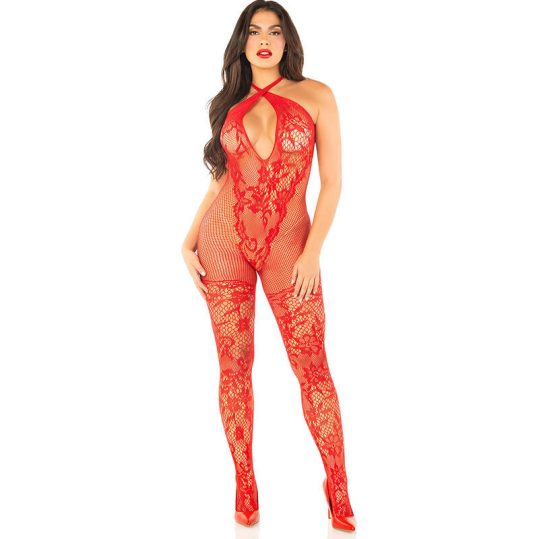 LEG AVENUE - virágmintás hálós bodystocking, piros, egy méret