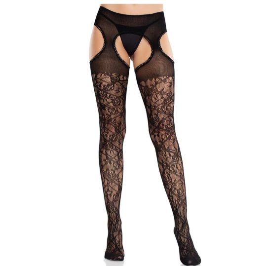Leg Avenue – virágos csipke harisnyatartós fekete harisnya
