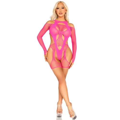 LEG AVENUE - hálós bodystocking harisnyatartóval, neon rózsaszín