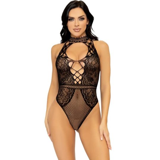 LEG AVENUE - netezett és csipkés kulcslyuk bodysuit