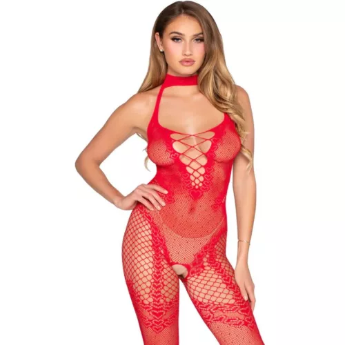 LEG AVENUE – Pánt nélküli bodystocking vörös színben