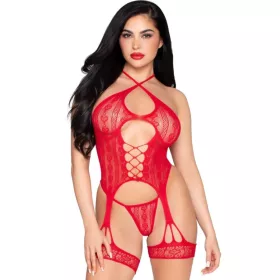   LEG AVENUE - Csipkés body harisnyatartóval és tangával, piros