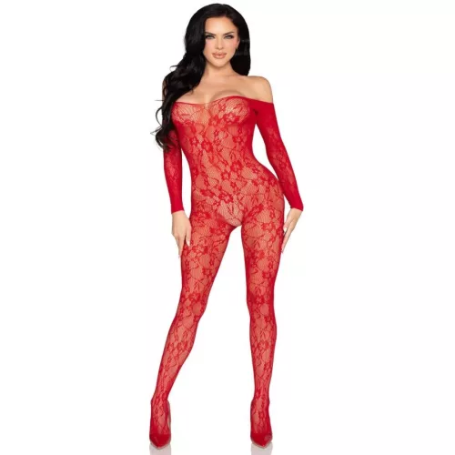 LEG AVENUE - csipkés fehérnemű bodystocking vörös színben
