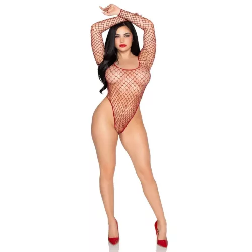 LEG AVENUE – magas kivágású hálós bodysuit piros színben