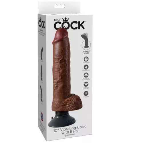 KING COCK - 25,5 cm vibráló pénisz golyókkal, barna
